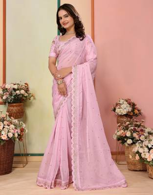 Pink organza embroidered saree 4