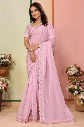 Pink organza embroidered saree