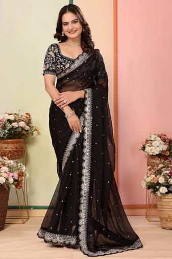 Black organza embroidered saree