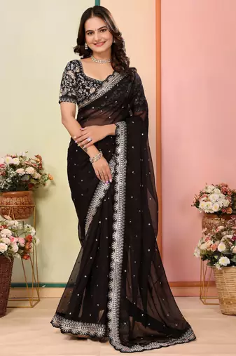 Black organza embroidered saree