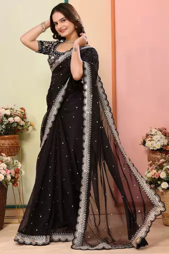 Black organza embroidered saree