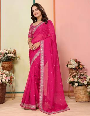 Pink organza embroidered saree 1