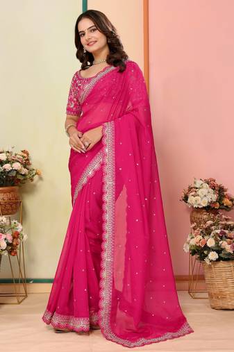Pink organza embroidered saree