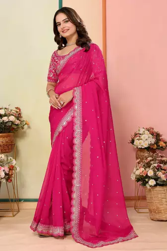 Pink organza embroidered saree