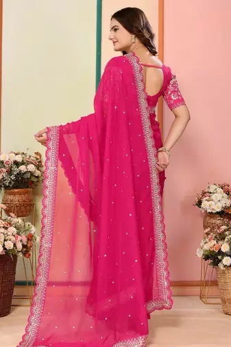 Pink organza embroidered saree