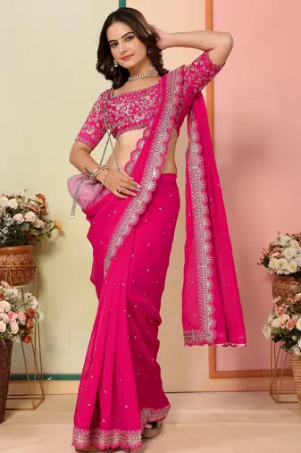 Pink organza embroidered saree