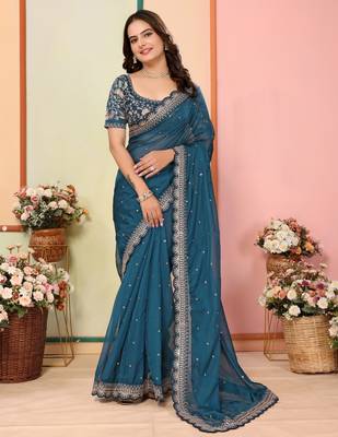 Teal blue organza embroidered saree 1