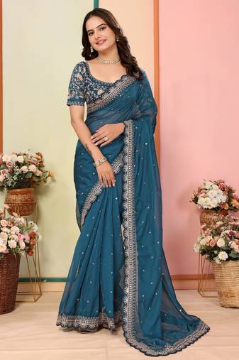 Teal blue organza embroidered saree