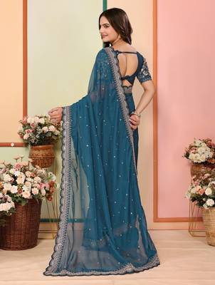 Teal blue organza embroidered saree 2