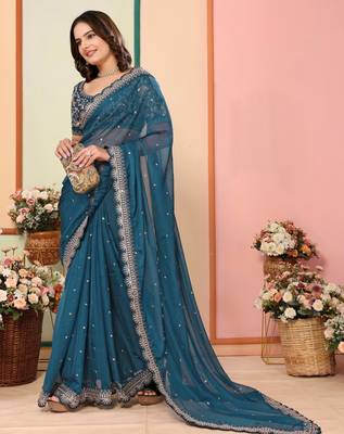 Teal blue organza embroidered saree 4