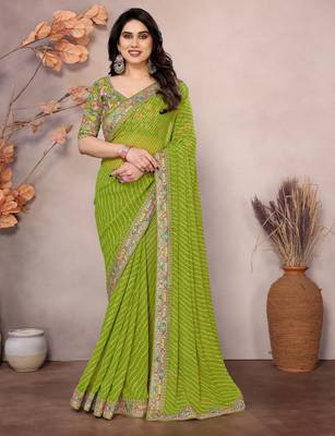 Parrot green georgette embroidered leheria saree 1