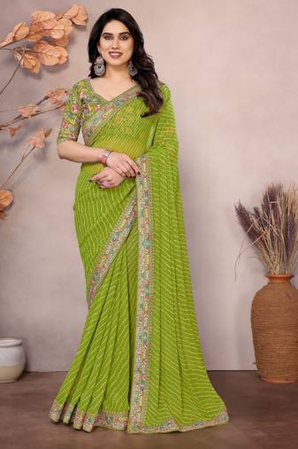 Parrot green georgette embroidered leheria saree