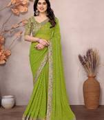 Parrot green georgette embroidered leheria saree