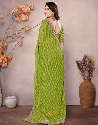 Parrot green georgette embroidered leheria saree 2