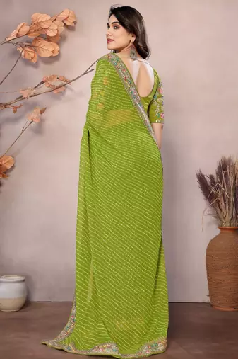 Parrot green georgette embroidered leheria saree