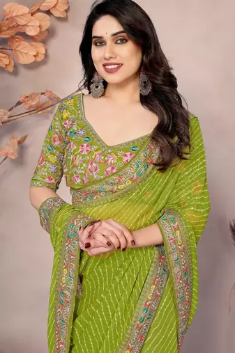 Parrot green georgette embroidered leheria saree