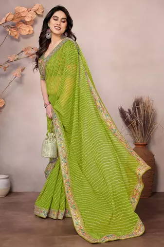 Parrot green georgette embroidered leheria saree