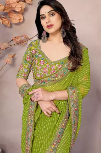 Parrot green georgette embroidered leheria saree