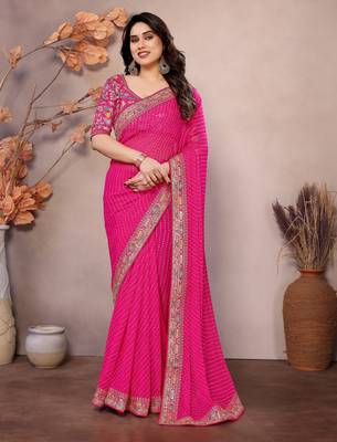 Pink georgette embroidered leheria saree 1