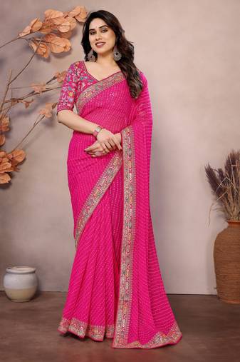 Pink georgette embroidered leheria saree