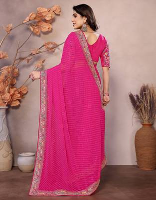 Pink georgette embroidered leheria saree 2