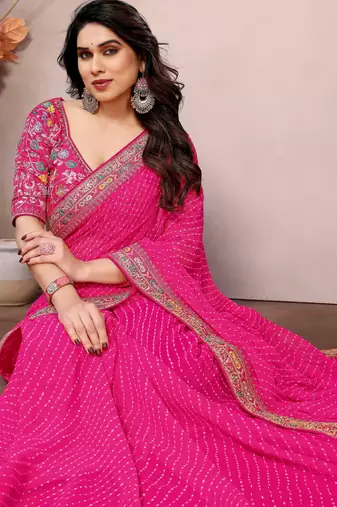 Pink georgette embroidered leheria saree