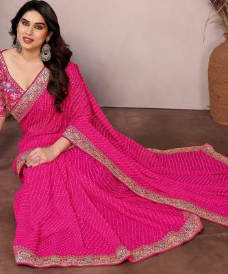 Pink georgette embroidered leheria saree 4