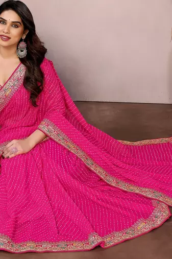 Pink georgette embroidered leheria saree