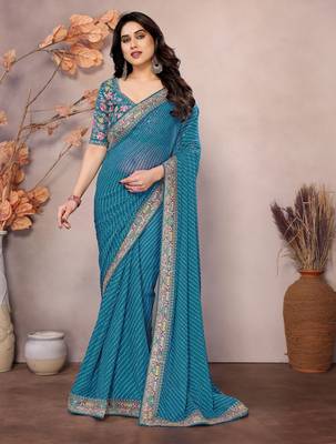Sea green georgette embroidered leheria saree 1