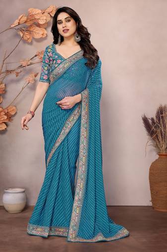 Sea green georgette embroidered leheria saree