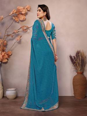 Sea green georgette embroidered leheria saree 2
