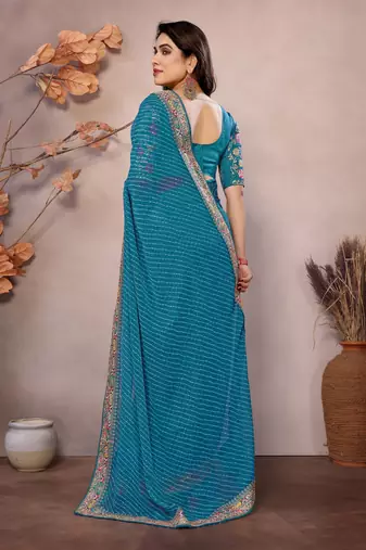 Sea green georgette embroidered leheria saree
