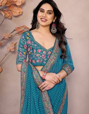 Sea green georgette embroidered leheria saree 3