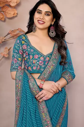 Sea green georgette embroidered leheria saree