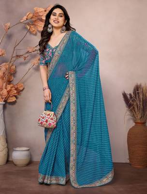 Sea green georgette embroidered leheria saree 4