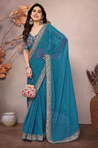 Sea green georgette embroidered leheria saree