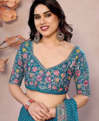 Sea green georgette embroidered leheria saree 5