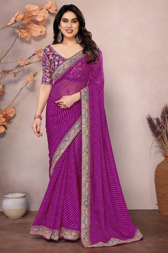 Purple georgette embroidered leheria saree