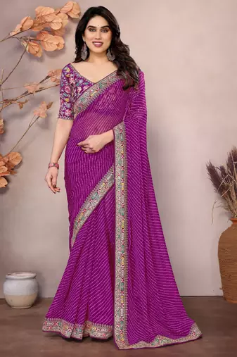 Purple georgette embroidered leheria saree