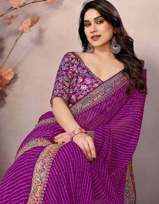 Purple georgette embroidered leheria saree 3