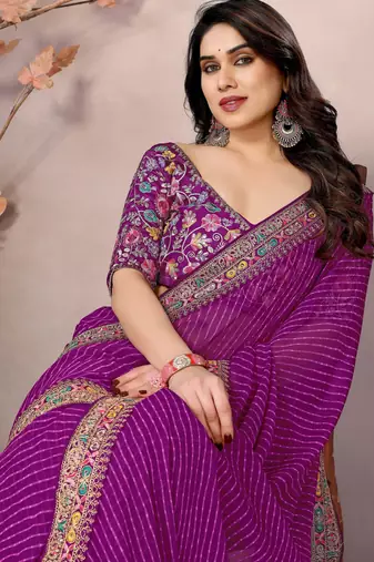 Purple georgette embroidered leheria saree