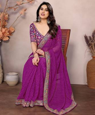 Purple georgette embroidered leheria saree 4