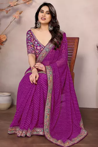 Purple georgette embroidered leheria saree