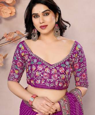 Purple georgette embroidered leheria saree 5