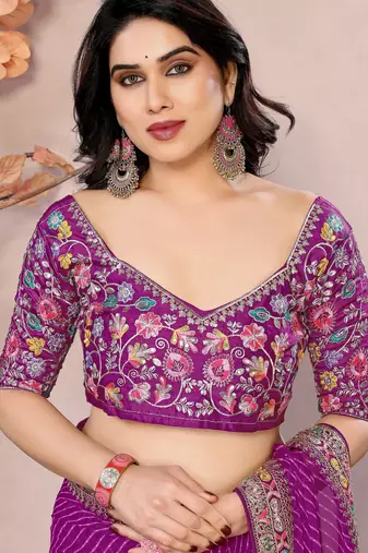 Purple georgette embroidered leheria saree