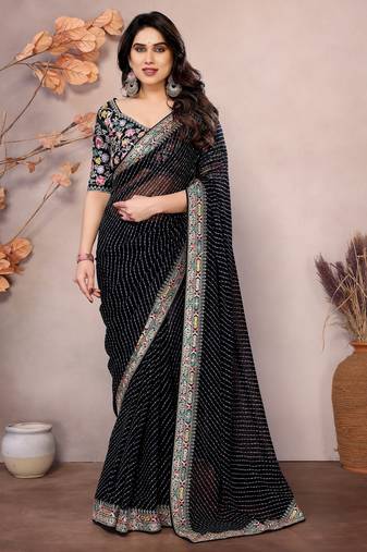 Black georgette embroidered leheria saree