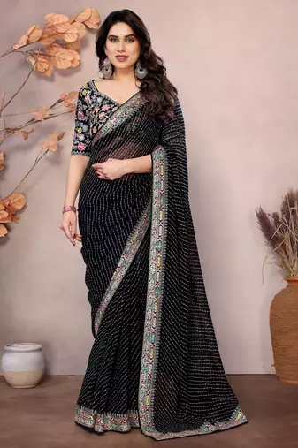 Black georgette embroidered leheria saree