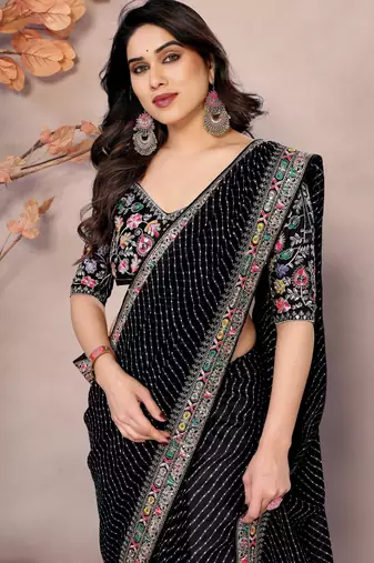 Black georgette embroidered leheria saree