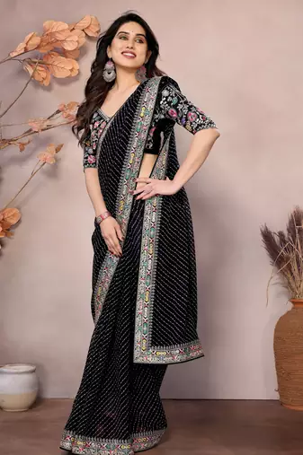 Black georgette embroidered leheria saree