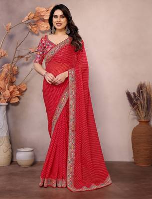 Maroon georgette embroidered leheria saree 1
